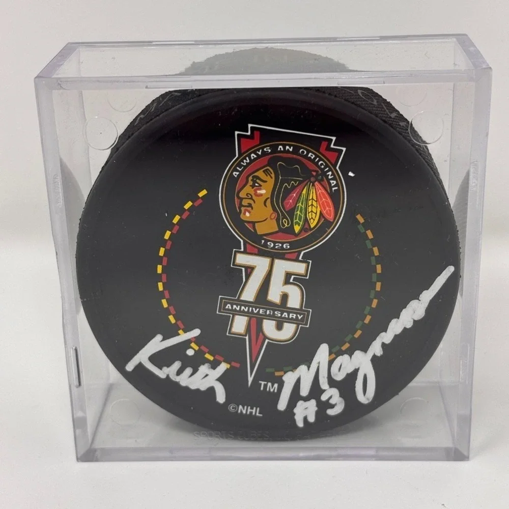 Keith Magnuson Blackhawks Signed Puck 75th Anniversary Hockey RARE Vintage